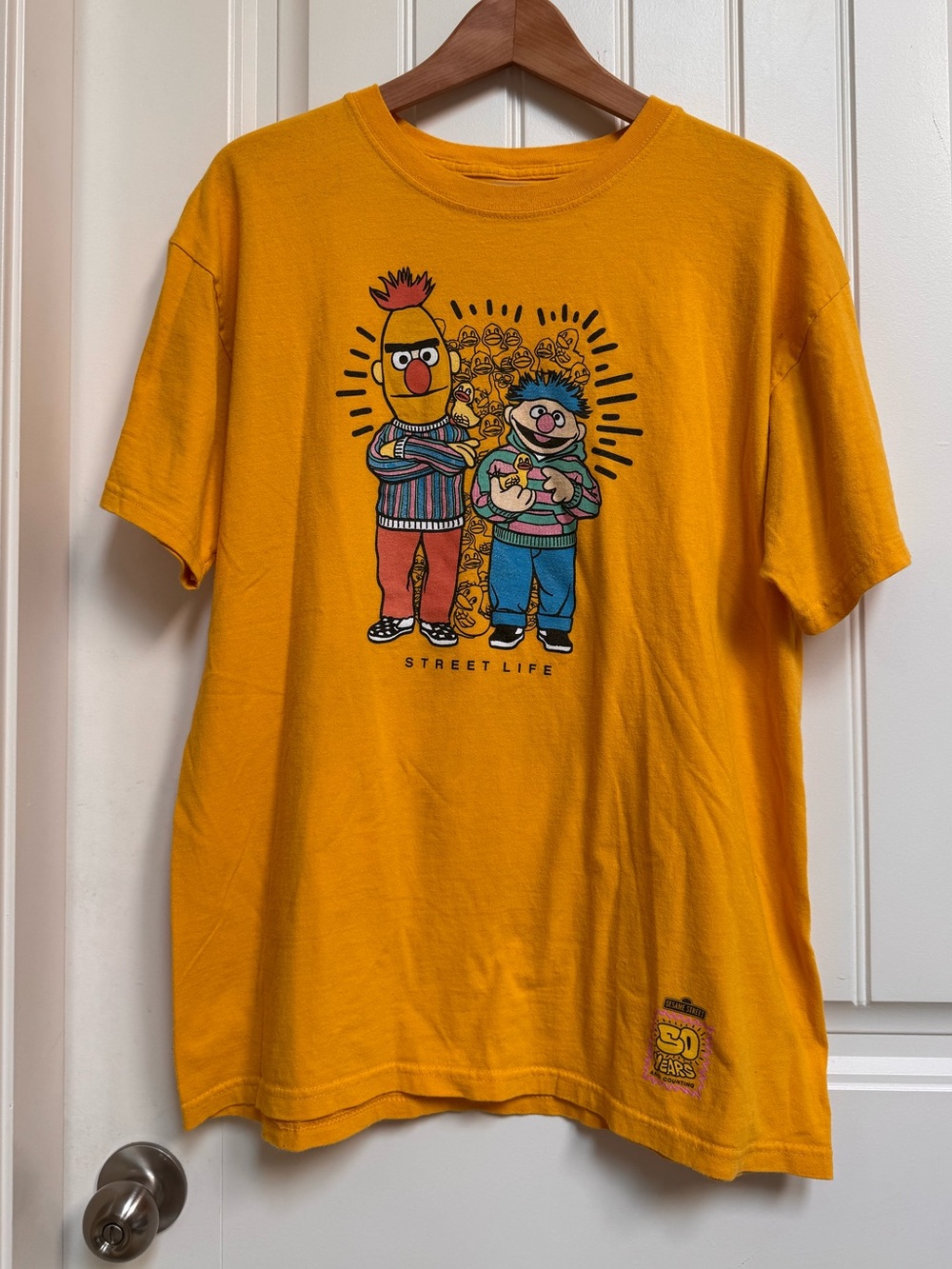 Neff x Sesame Street Yellow Bert and Ernie Street Life 50th Anniversary Tee. L